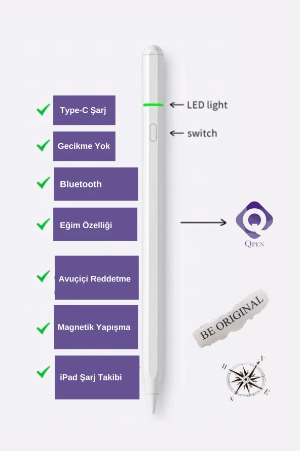 iPad Air 5. Nesil Uyumlu Pencil USB-C Avuç İçi Red Eğim Özellikli Bluetooth Bağlantılı Stylus Kalem - 4