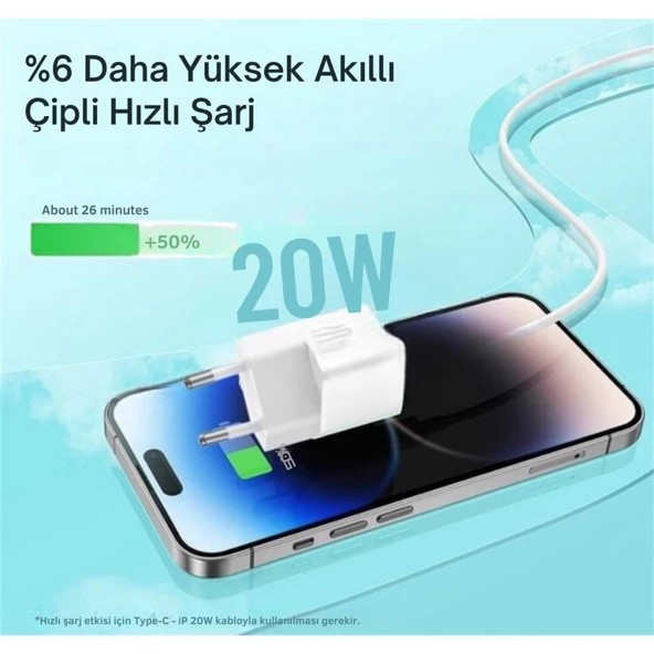 Baseus Gan5 Ultra Hızlı 20W Type C Şarj Başlığı, Ultra Küçük, Akım ve Isı Korumalı, Yanma Önleyici Adaptör - 12