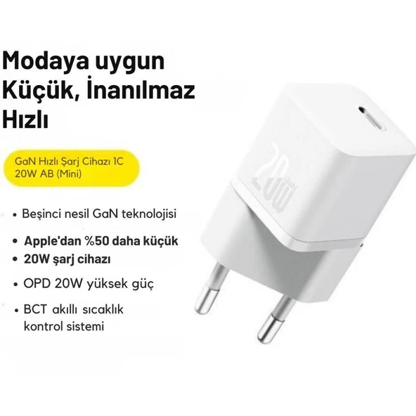 Baseus Gan5 Ultra Hızlı 20W Type C Şarj Başlığı, Ultra Küçük, Akım ve Isı Korumalı, Yanma Önleyici Adaptör - 8