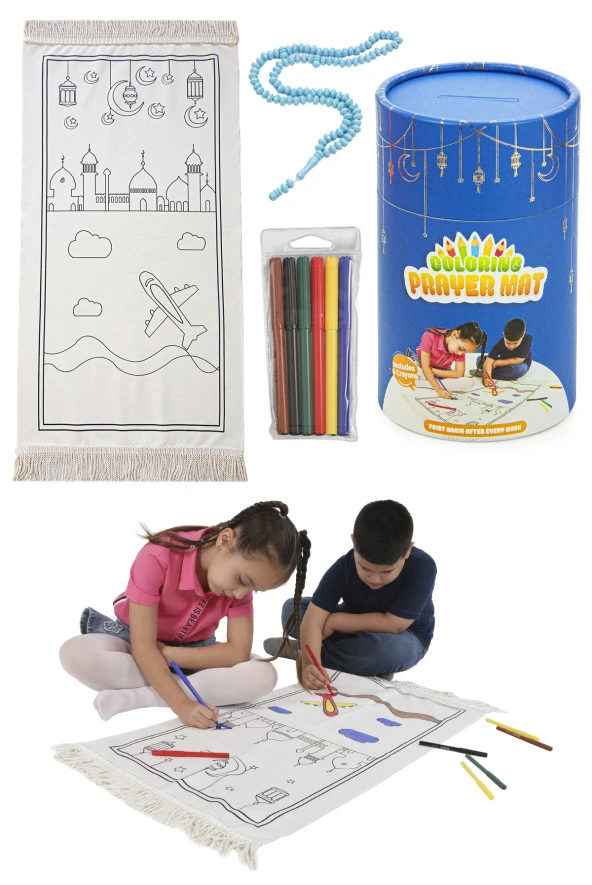 İngilizce Boyamalı Yıkanabilir Eğitici Dini Oyuncak Çocuk Seccade Seti Mavi - Resim 5