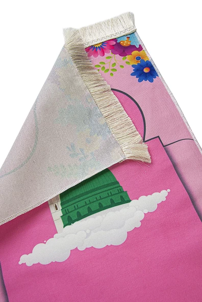 İsme Özel Nakış İşlemeli Mescidi Nebevi Çiçek Desenli Çocuk Seccadesi Pembe - Resim 2