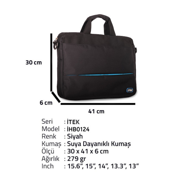 İTEK 15.6 İHB0124 Laptop El Çantası Su Geçirmez Siyah -Mavi Aksılı - 2