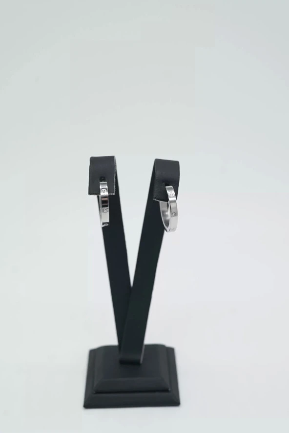 Taşlı Halka Gümüş Renk Çelik Küpe - 3