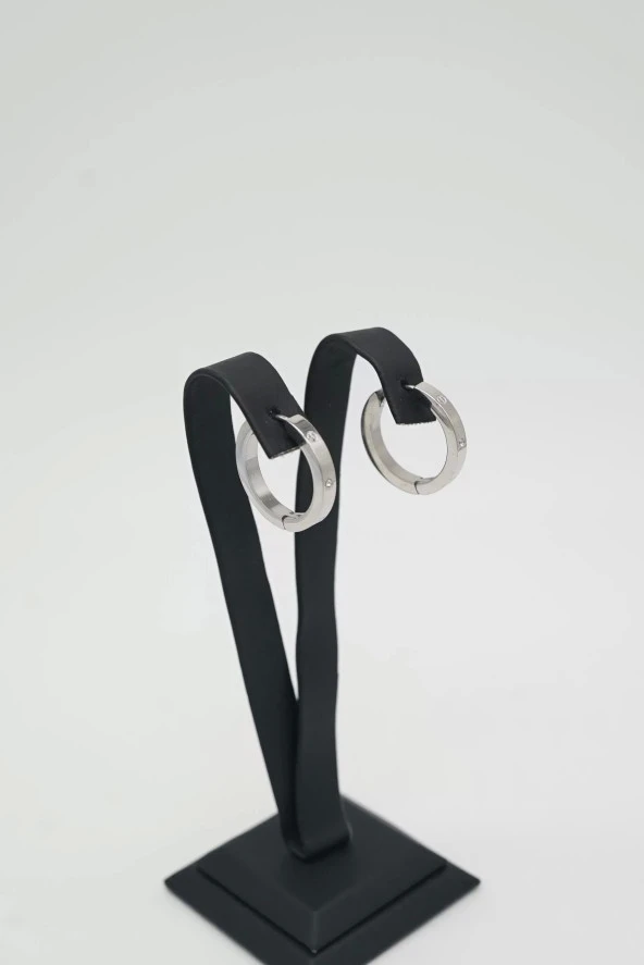 Taşlı Halka Gümüş Renk Çelik Küpe - 4