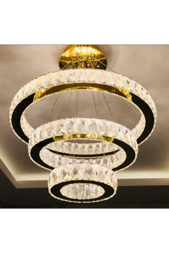 Ala Aydınlatma Plaket Kristal Taş Işlemeli 304 Gold Paslanmaz Ledli Avize