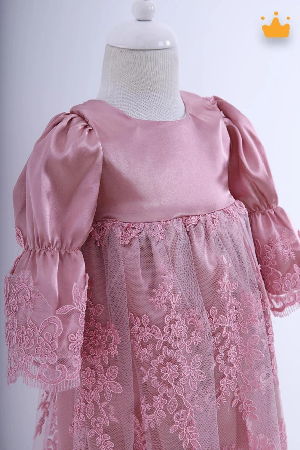 Babyhola Kız Bebek Bayramlık Uzun Kollu Mevlüt Kıyafeti Yenidoğan Dantelli Saten Abiye Elbise - Resim 2