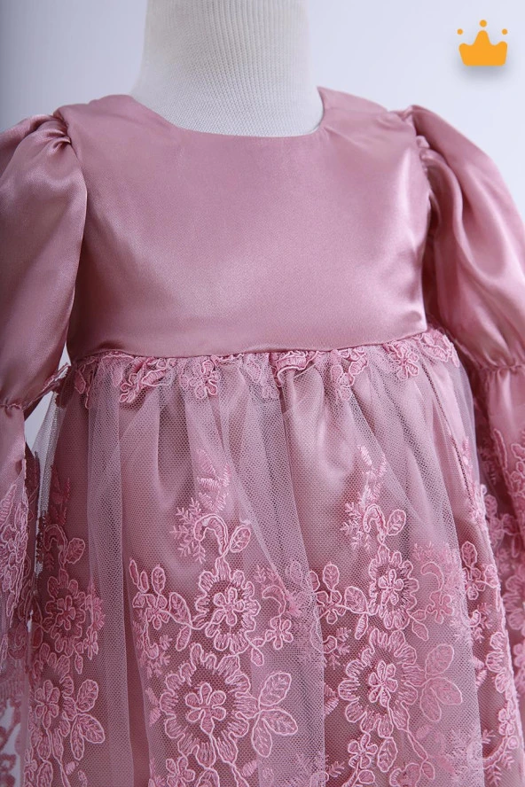 Babyhola Kız Bebek Bayramlık Uzun Kollu Mevlüt Kıyafeti Yenidoğan Dantelli Saten Abiye Elbise - Resim 3