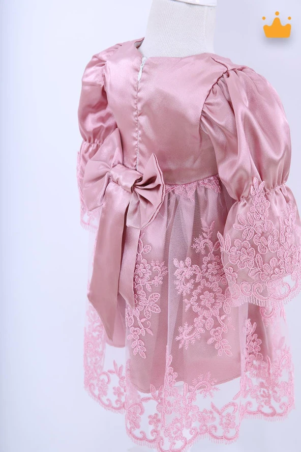 Babyhola Kız Bebek Bayramlık Uzun Kollu Mevlüt Kıyafeti Yenidoğan Dantelli Saten Abiye Elbise - Resim 7