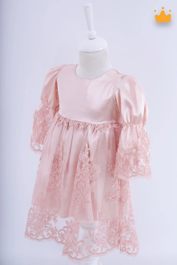 Babyhola Kız Bebek Bayramlık Uzun Kollu Mevlüt Kıyafeti Yenidoğan Dantelli Saten Abiye Elbise - Resim 9
