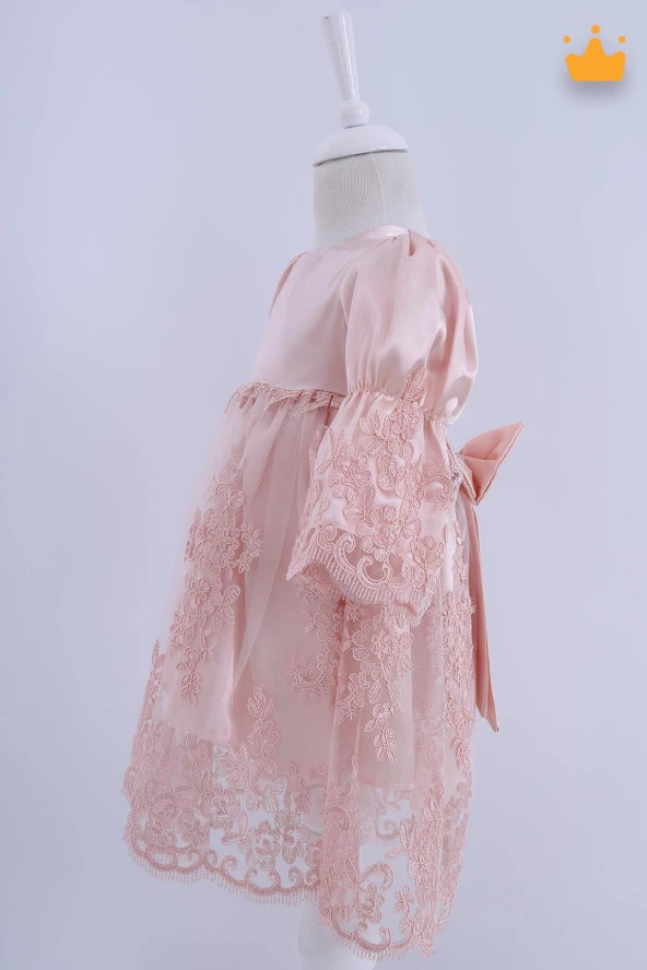 Babyhola Kız Bebek Bayramlık Uzun Kollu Mevlüt Kıyafeti Yenidoğan Dantelli Saten Abiye Elbise - Resim 10