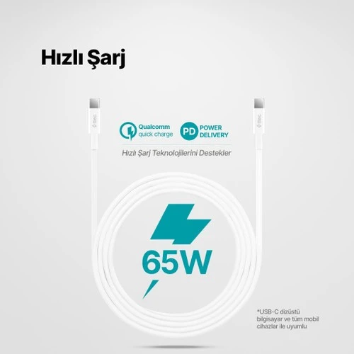Ttec 2DK45B USB-C - USB-C 200cm 65W PD/QC Hızlı Şarj/Data Kablosu Beyaz - 2