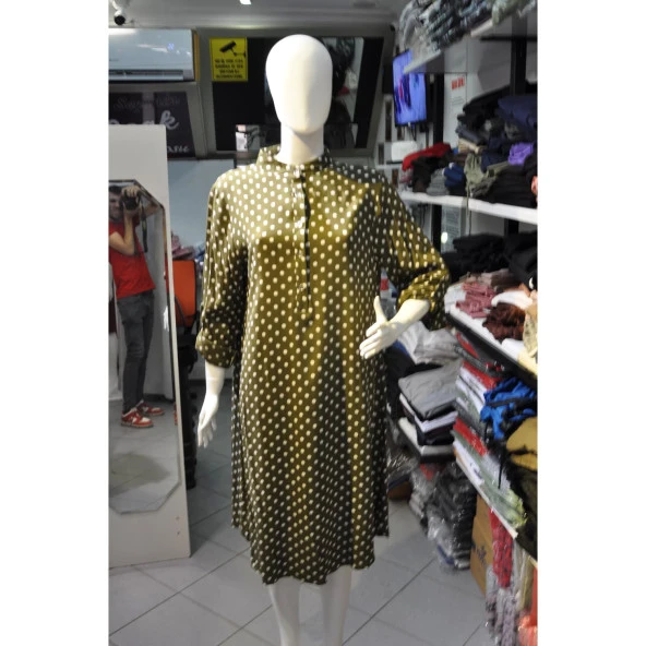 Yarım Düğme Büyük Beden Puantiyeli Elbise - 3