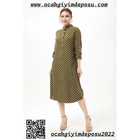 Yarım Düğme Büyük Beden Puantiyeli Elbise - 7