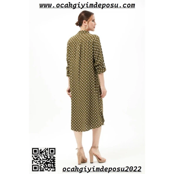 Yarım Düğme Büyük Beden Puantiyeli Elbise - 8