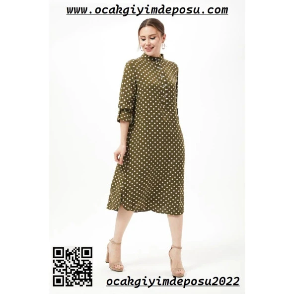 Yarım Düğme Büyük Beden Puantiyeli Elbise - 9
