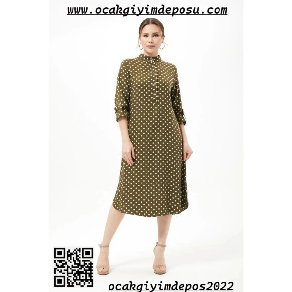 Yarım Düğme Büyük Beden Puantiyeli Elbise - 10