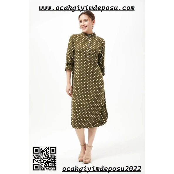 Yarım Düğme Büyük Beden Puantiyeli Elbise - 11