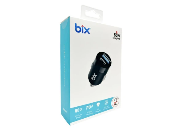 Bix BX-AC65C 65W PD Type-C   USB-A Çift Portlu Hızlı Şarj Özellikli Siyah Araç İçi Şarj Cihazı