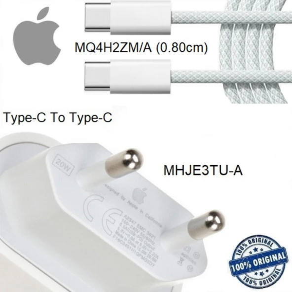 Apple iPhone 15 20W Hızlı Şarj Aleti Seti USB-C To Type-C MHJE3TU-A + MQ4H2ZM/A (Kablo Dahil)