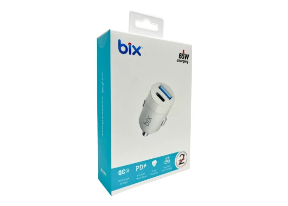 Bix BX-AC65C 65W PD Type-C   USB-A Çift Portlu Hızlı Şarj Özellikli Beyaz Araç İçi Şarj Cihazı