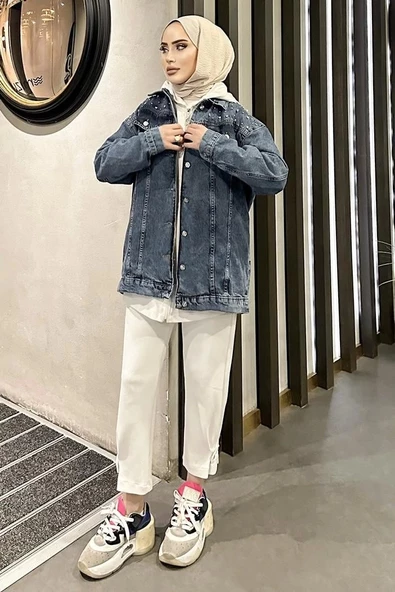 Omuz Taş Detay Koyu Mavi Kot Ceket Oversize - 3