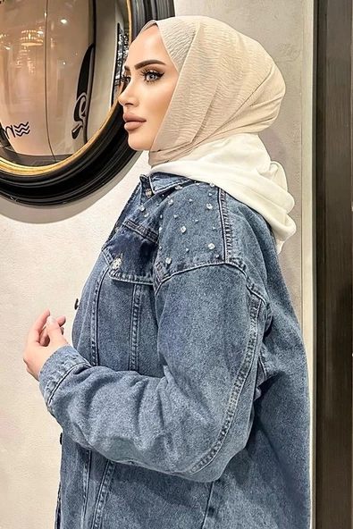Omuz Taş Detay Koyu Mavi Kot Ceket Oversize - 2