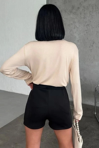 Rahat Ve Şık Uzun Kollu Bisiklet Yaka Likralı Viskon Penye Body Bej - 3