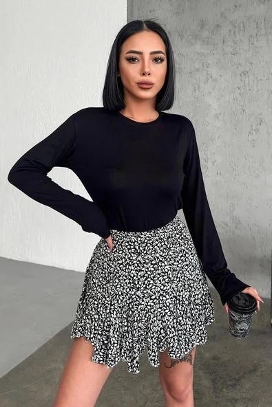 Rahat Ve Şık Uzun Kollu Bisiklet Yaka Likralı Viskon Penye Body Siyah - 2