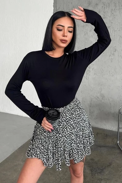 Rahat Ve Şık Uzun Kollu Bisiklet Yaka Likralı Viskon Penye Body Siyah - 5