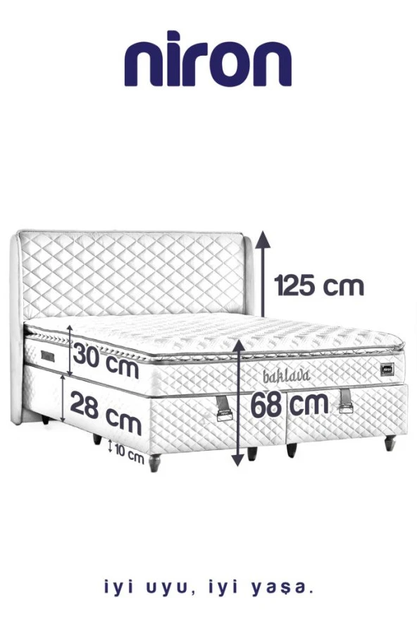 Niron Baklava Yatak Seti - 150x200 cm Antrasit Tek Kişilik, Pedli Sert Yatak, Lüks Baza ve Başlık Takımı