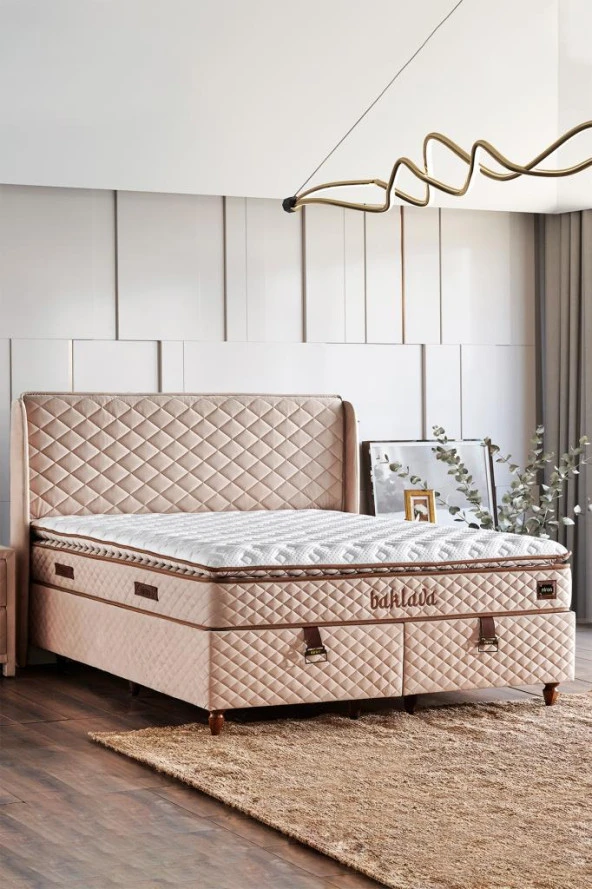 Niron Baklava Yatak Seti - 140x190 cm Krem Tek Kişilik, Pedli Sert Yatak, Lüks Baza ve Başlık Takımı