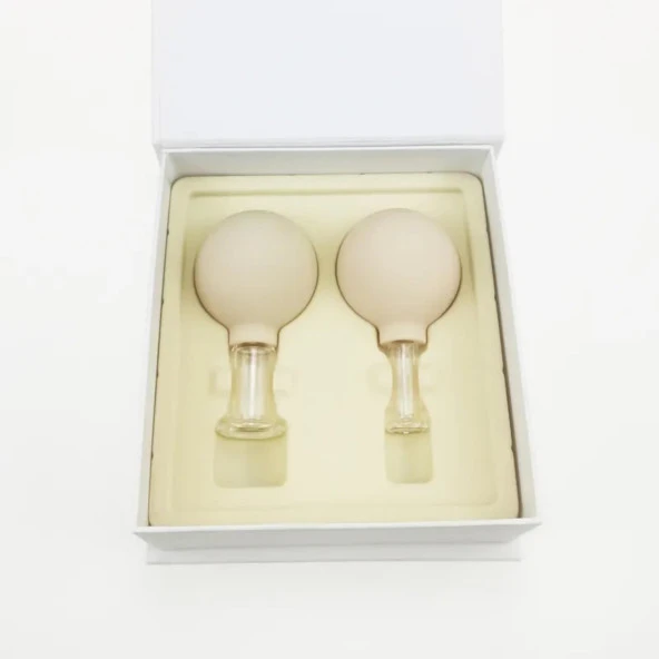 Silikon Vakumlu Cam Yüz Masaj Kupası 2'li Set Bej Renk - Resim 4