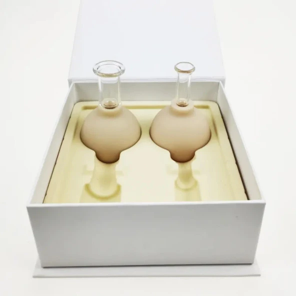 Silikon Vakumlu Cam Yüz Masaj Kupası 2'li Set Bej Renk - Resim 5