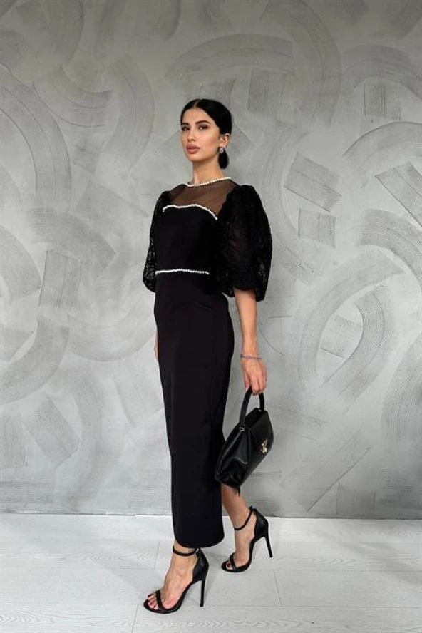 Kolları Dantelli İnci Detaylı Elbise - Siyah-Beyaz - Resim 2