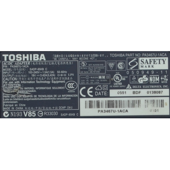 Toshiba PA3467U-1ACA AC/DC 100-240V Notebook Adaptör 2.EL - 2