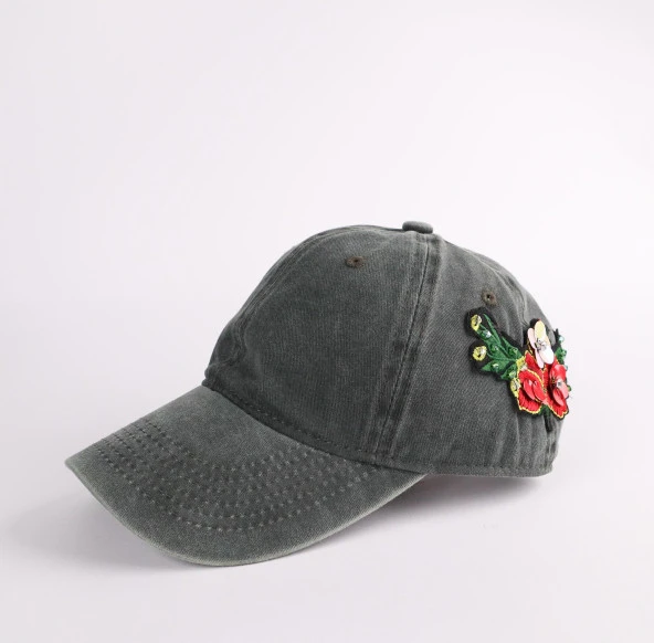 Perlotus Çiçekli Nakışlı Yeşil Pamuklu Yıkamalı Kadın Şapka