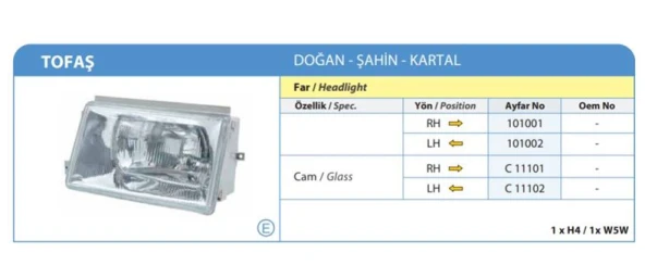 TOFAŞ DOĞAN ÖN SOL FAR CAMI 1988-1993 ARASI 10102 DS