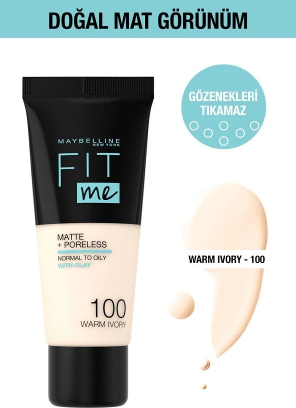 Maybelline New York Fit Me Matte+Poreless Fondöten - 100 Warm Ivory