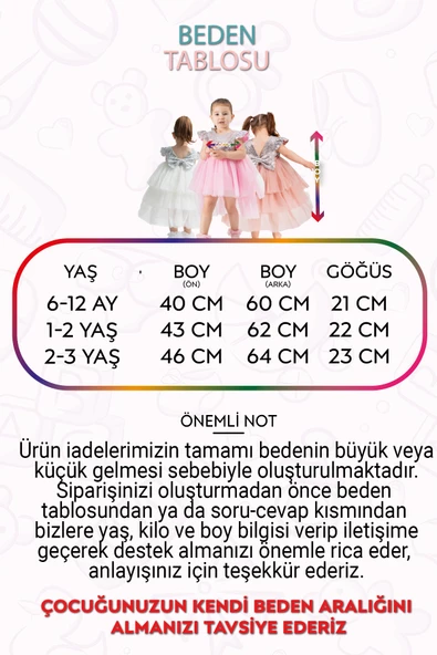 Bebek Kız Çocuk Doğum Günü Parti Düğün Elbise Tüllü Tütü Astarlı Çocuk Giyim Bebek Giyim Kız Bebek ELBYKYRKPUL - 6