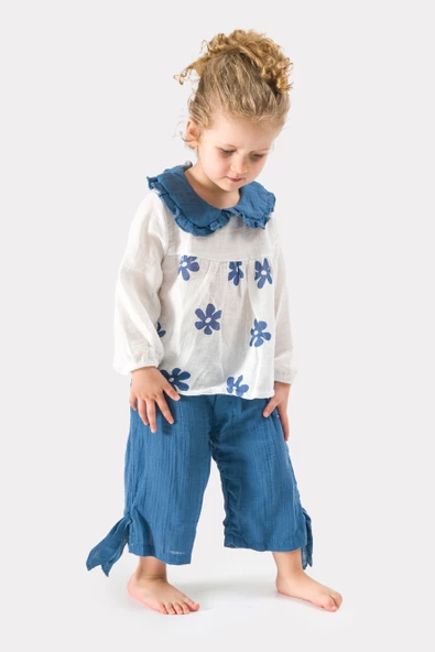 Kız Çocuk Uzun Kollu Müslin Kumaş Çiçek Baskılı Müslin Alt Üst Bebek Takımı - 7