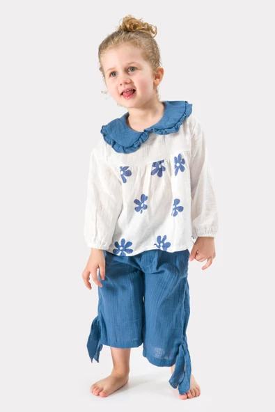 Kız Çocuk Uzun Kollu Müslin Kumaş Çiçek Baskılı Müslin Alt Üst Bebek Takımı - 4