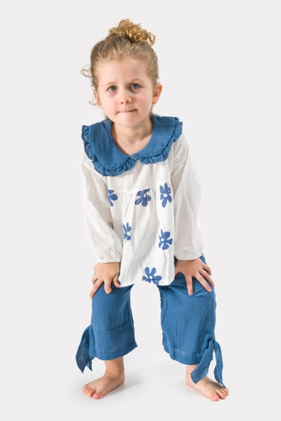 Kız Çocuk Uzun Kollu Müslin Kumaş Çiçek Baskılı Müslin Alt Üst Bebek Takımı - 2