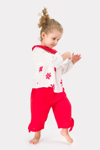 Kız Çocuk Uzun Kollu Müslin Kumaş Çiçek Baskılı Müslin Alt Üst Bebek Takımı - 6