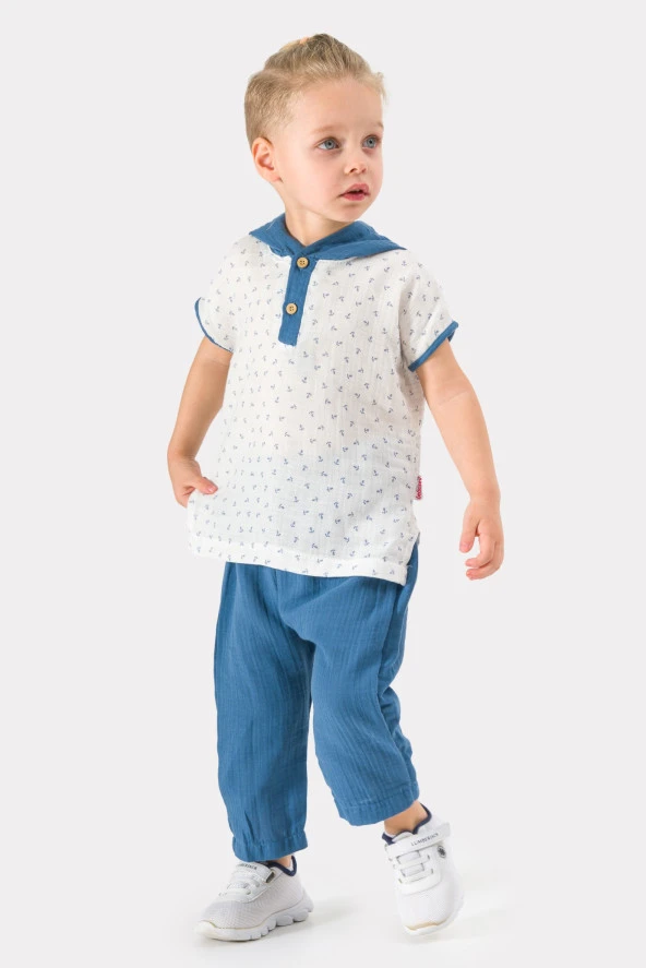 Erkek Bebek Şapkalı Yazlık Müslin Kumaş Müslin Alt Üst Bebek Takımı - 3