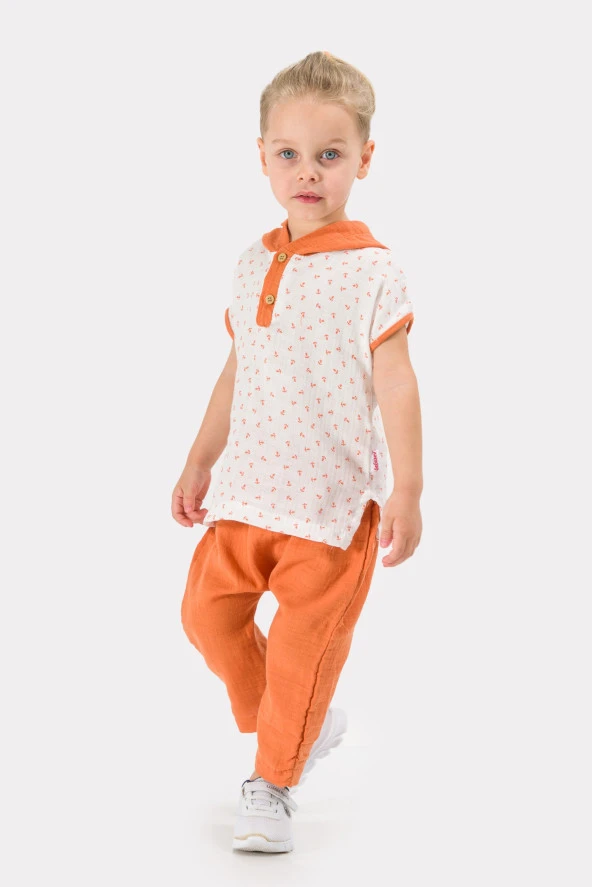 Erkek Bebek Şapkalı Yazlık Müslin Kumaş Müslin Alt Üst Bebek Takımı - 2