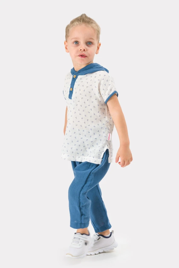 Erkek Bebek Şapkalı Yazlık Müslin Kumaş Müslin Alt Üst Bebek Takımı - 6