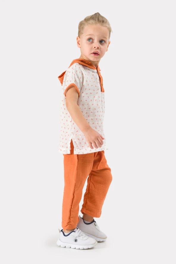 Erkek Bebek Şapkalı Yazlık Müslin Kumaş Müslin Alt Üst Bebek Takımı - 4