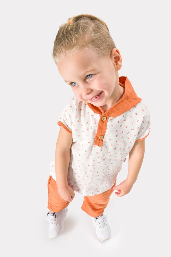 Erkek Bebek Şapkalı Yazlık Müslin Kumaş Müslin Alt Üst Bebek Takımı - 7