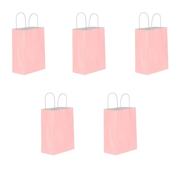 Büküm Saplı Kraft Kağıt Çanta Karton Hediyelik Poşet Torba - Pembe - 18x24 Cm. - 5 Adetlik Paket