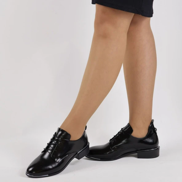 TwoEgoist  Kadın Hakiki Kırışık Rugan Deri Günlük Klasik Kısa Topuklu Oxford Ayakkabı